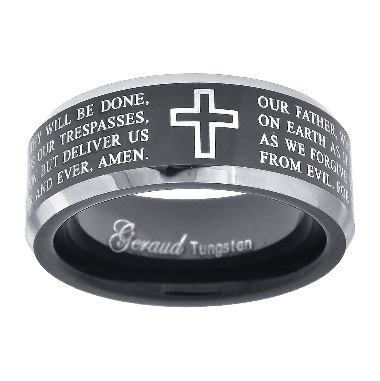 Tungsten Black Christian Cross with Prayer Beveled Edges Comfort-fit 8mm Sizes 7 - 14 Bridal Anniversary Engagement Wedding Band