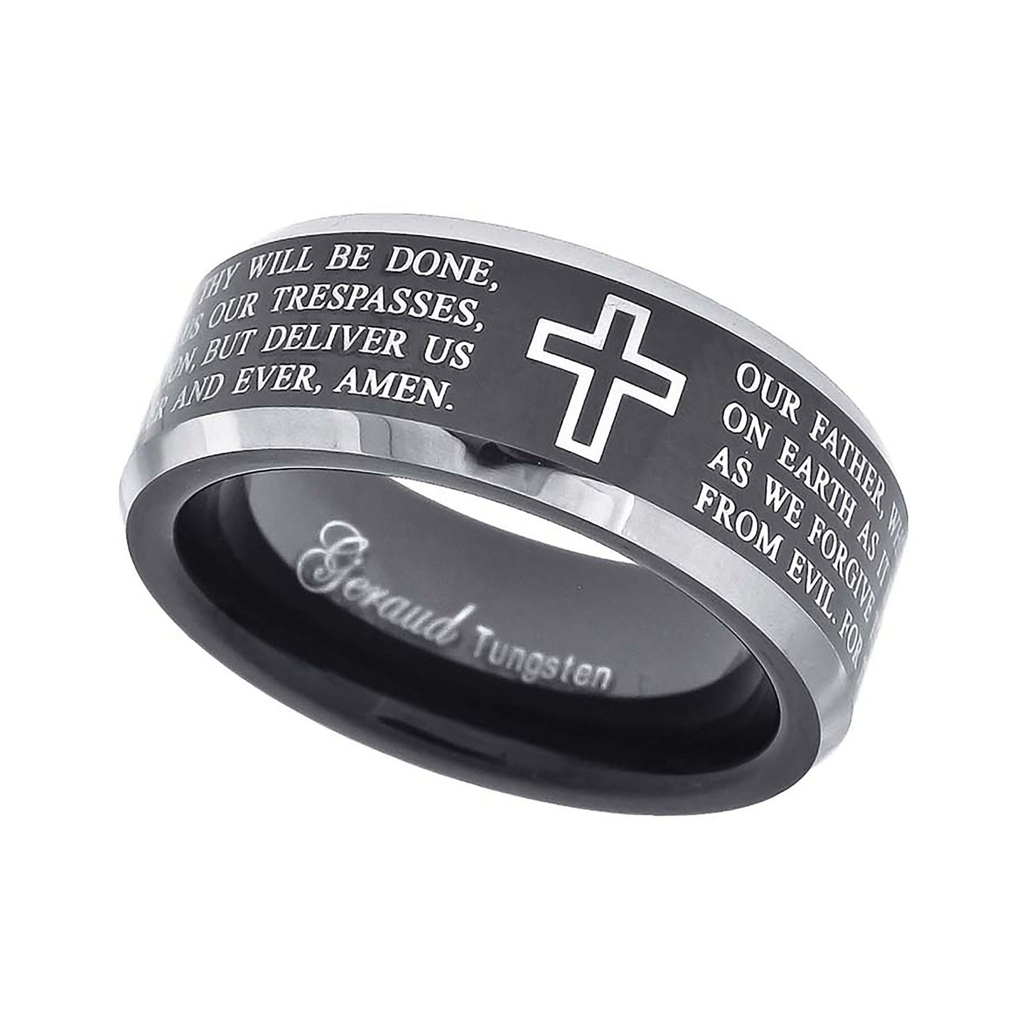 Tungsten Black Christian Cross with Prayer Beveled Edges Comfort-fit 8mm Sizes 7 - 14 Bridal Anniversary Engagement Wedding Band