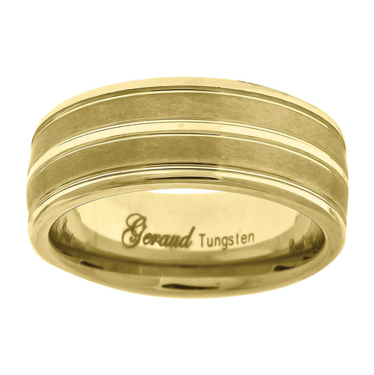 Tungsten Yellow-tone Center Groove Brushed Dome Mens Comfort-fit 8mm Sizes 7 - 14 Bridal Anniversary Engagement Wedding Band