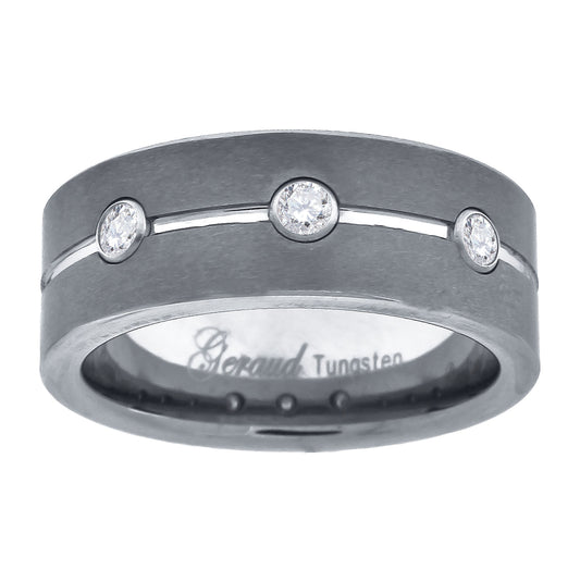 Tungsten Grooved Triple Cubic Zirconia Mens Comfort-fit 8mm Sizes 7 - 14 Bridal Anniversary Engagement Wedding Band