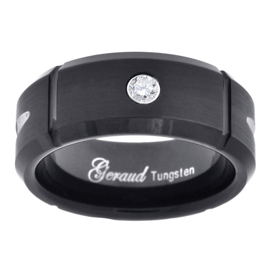 Tungsten Black Multi Grooves Cubic Zirconia Inlay Mens Comfort-fit 8mm Sizes 7 - 14 Bridal Anniversary Engagement Wedding Band