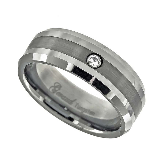 Tungsten Cubic Zirconia Center Brushed Sides Polished Mens Comfort-fit 8mm Sizes 7 - 14 Bridal Anniversary Engagement Wedding Band