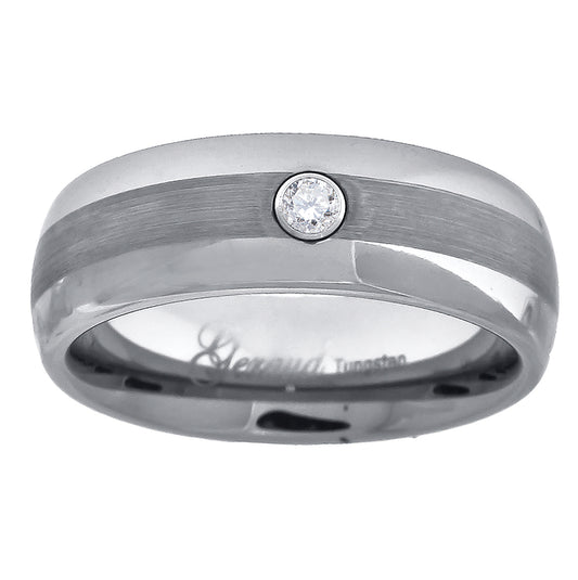 Tungsten Cubic Zirconia Center Brushed Dome Mens Comfort-fit 7mm Sizes 7 - 14 Bridal Anniversary Engagement Wedding Band