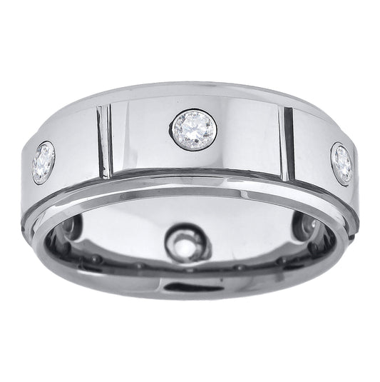 Tungsten Multi-Grooves Cubic Zirconia Inlay Mens Comfort-fit 8mm Sizes 7 - 14 Bridal Anniversary Engagement Wedding Band