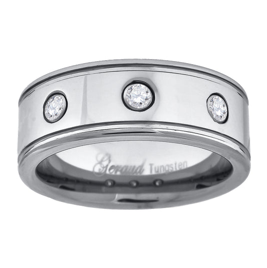 Tungsten Cubic Zirconia Offset Grooves Polished Mens Comfort-fit 8mm Sizes 7 - 14 Bridal Anniversary Engagement Wedding Band