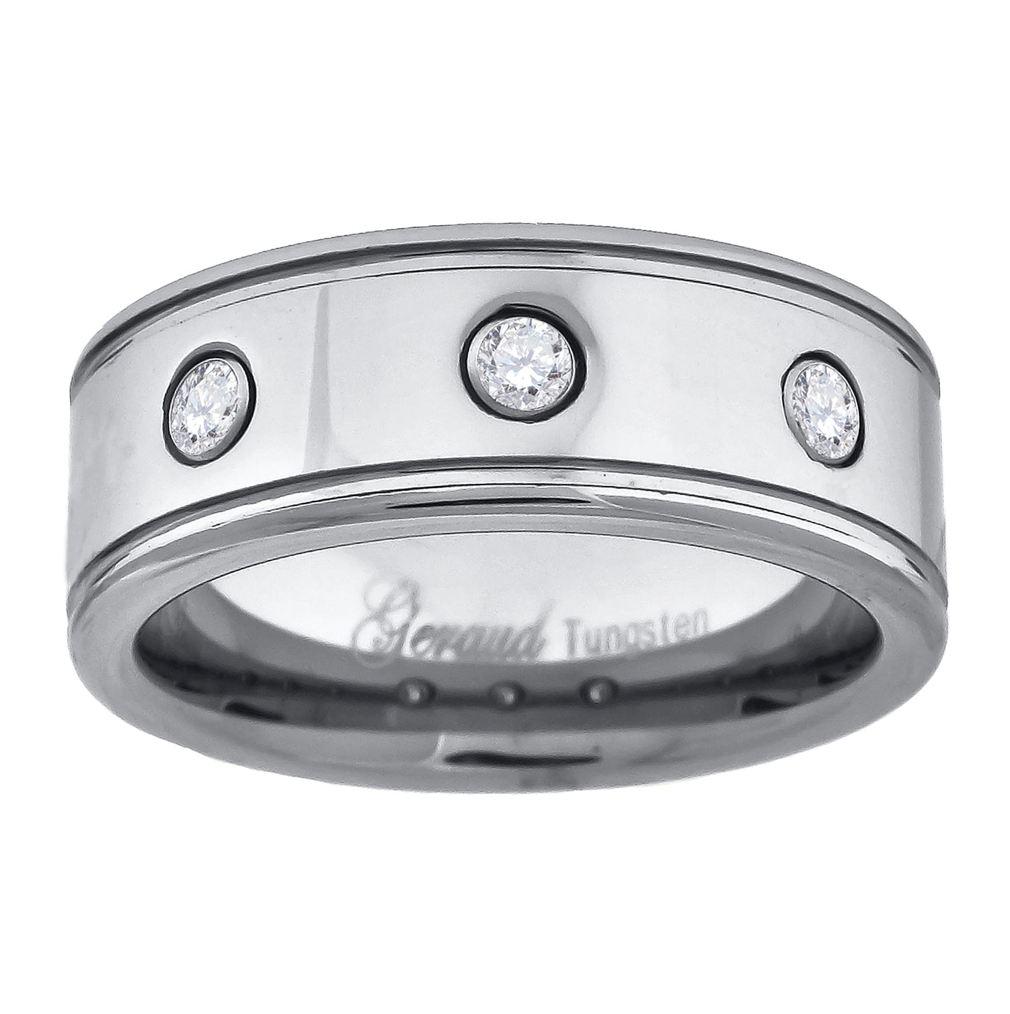 Tungsten Cubic Zirconia Offset Grooves Polished Mens Comfort-fit 8mm Sizes 7 - 14 Bridal Anniversary Engagement Wedding Band