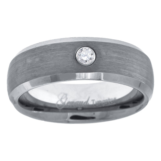 Tungsten Mens Cubic Zirconia Center Brushed Beveled Edges Comfort-fit 8mm Sizes 7 - 14 Bridal Anniversary Engagement Wedding Band