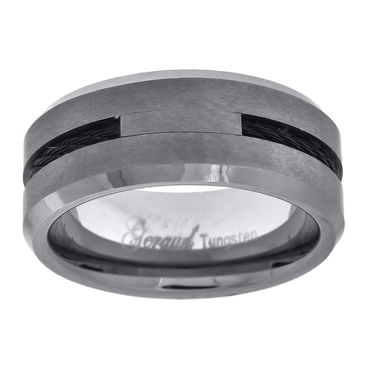Tungsten Black WITH INLAY Beveled Edges Mens Comfort-fit 8mm Sizes 7 - 14 Bridal Anniversary Engagement Wedding Band
