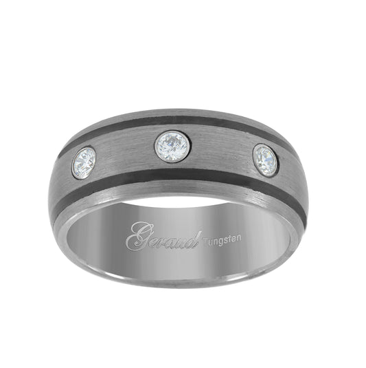 Tungsten Triple Cubic Zirconia Centered Comfort-fit 7mm Sizes 7 - 14 Bridal Anniversary Engagement Wedding Band with Two Black Lines on Edges