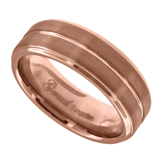 Tungsten Brushed Rose Gold-tone Mens Comfort-fit 8mm Sizes 7 - 14 Bridal Anniversary Engagement Wedding Band with Inlay Groove