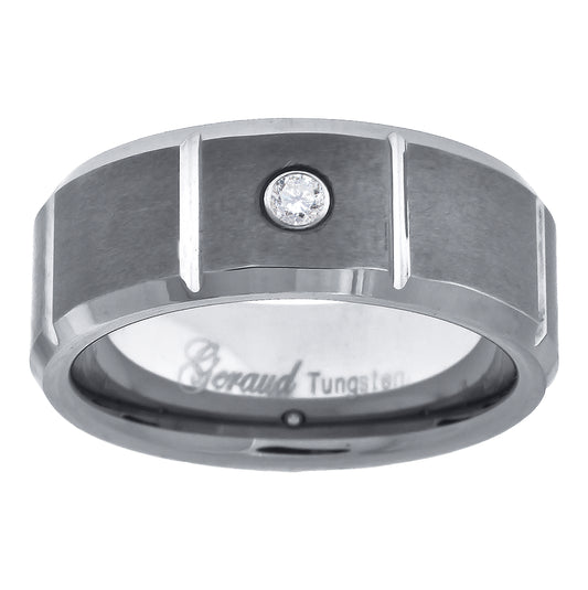Tungsten Center Brushed Grooved Cubic Zirconia Mens Comfort-fit 8mm Size-7-14 Bridal Anniversary Engagement Wedding Band
