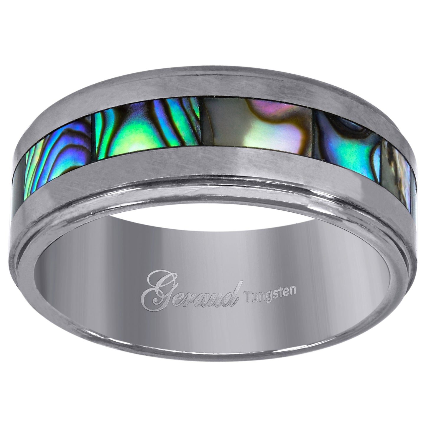 Tungsten Abalone Shell Center Inlay Step Edges Bridal Anniversary Engagement Wedding Band Mens Comfort-fit 8mm