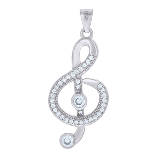 Sterling Silver Unisex Cubic Zirconia Note Treble Clef Charm Pendant