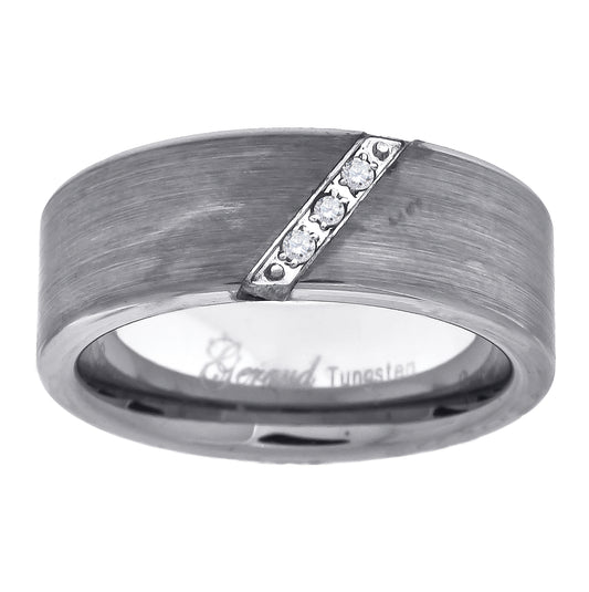 Tungsten Brushed Diagonal Cubic Zirconia Line Mens Comfort-fit 8mm Size-7-14 Bridal Anniversary Engagement Wedding Band