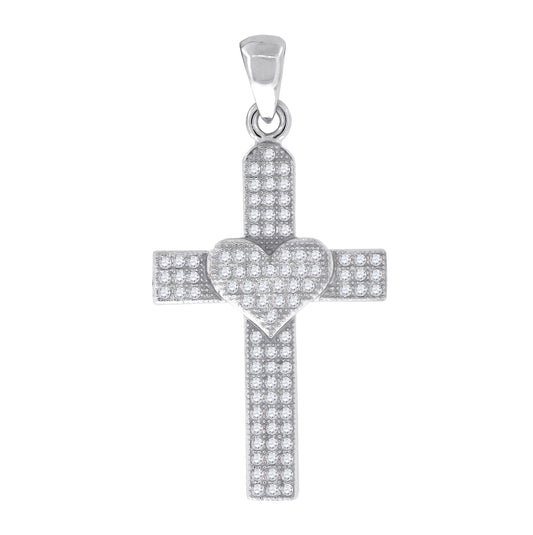 Sterling Silver Womens Cubic Zirconia Cross Heart Religious Charm Pendant