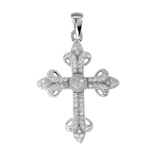 Sterling Silver Mens Cubic Zirconia Budded Cross Religious Charm Pendant