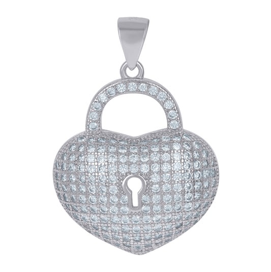 Sterling Silver Womens Cubic Zirconia Lock Heart Lock Charm Pendant