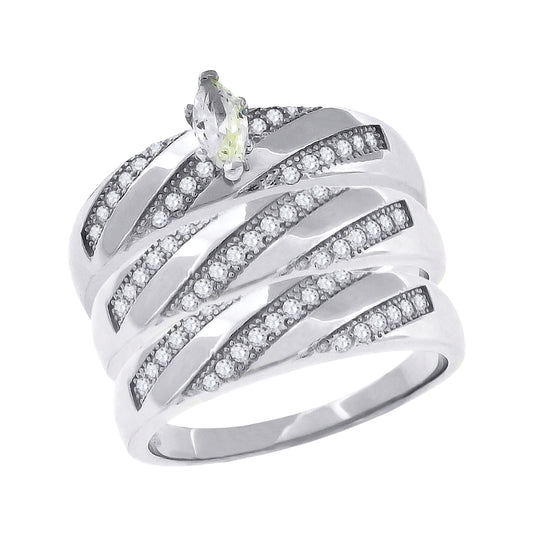 Sterling Silver Cubic-Zirconia Marquise Head Trio Bridal Anniversary Wedding Engagement Band Ring Set