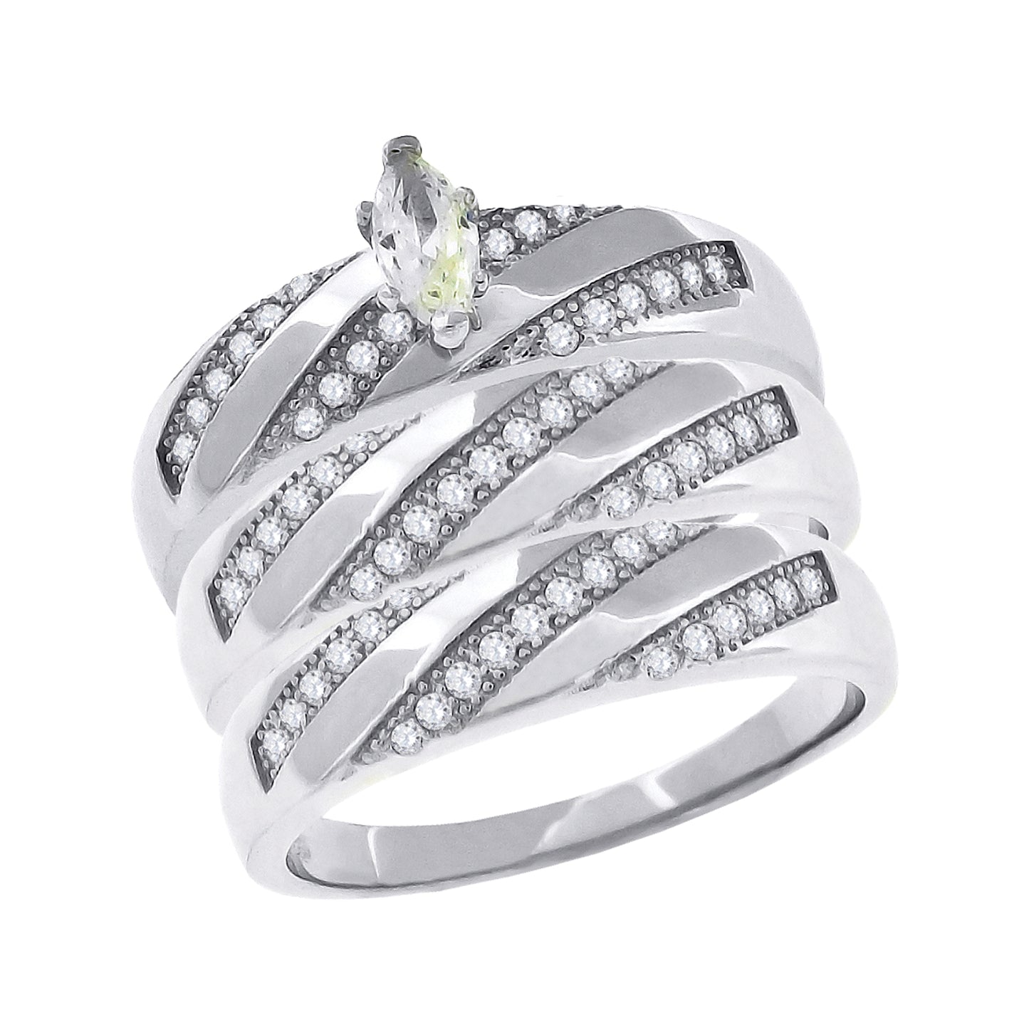 Sterling Silver Cubic-Zirconia Marquise Head Trio Bridal Anniversary Wedding Engagement Band Ring Set