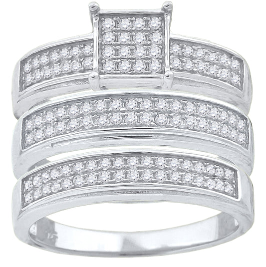 Sterling Silver Cubic-Zirconia Square Head Trio Bridal Anniversary Wedding Engagement Band Ring Set