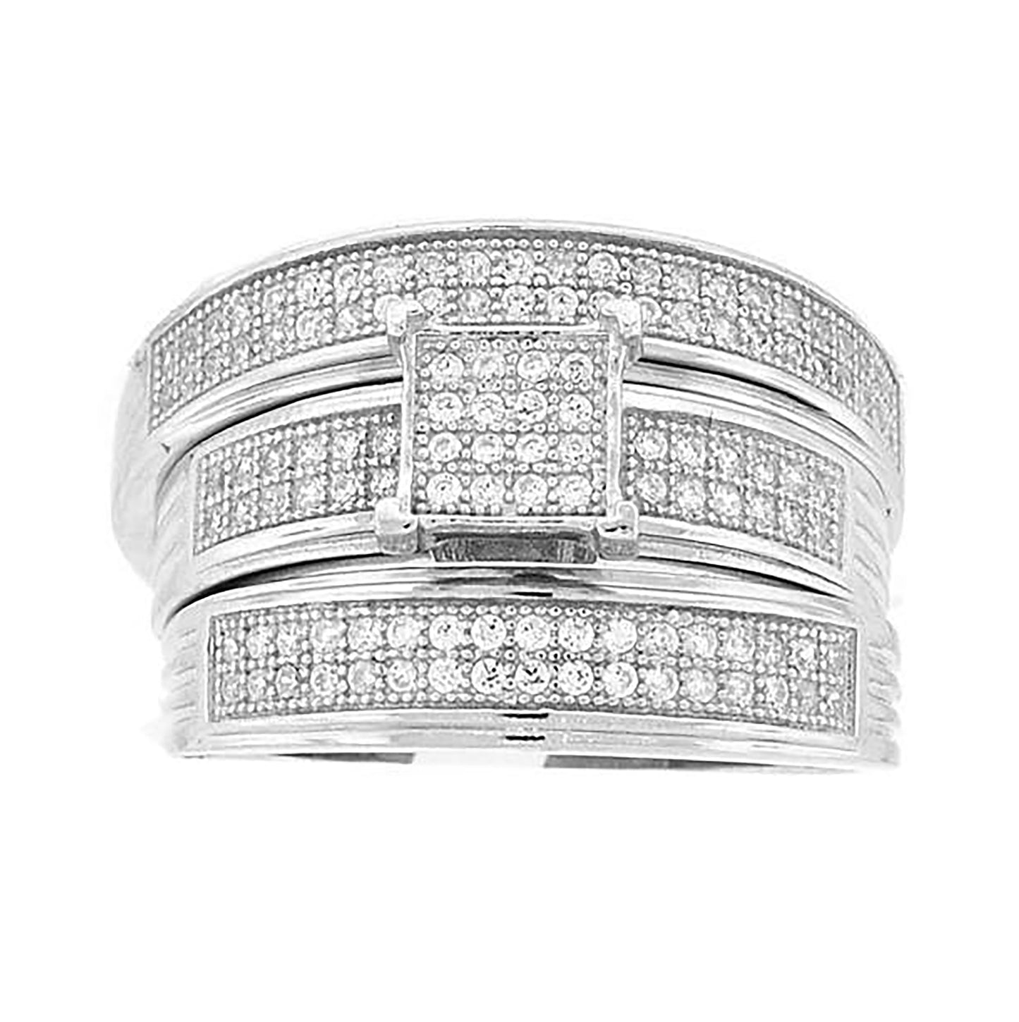 Sterling Silver Cubic-Zirconia Square Head Trio Bridal Anniversary Wedding Engagement Band Ring Set