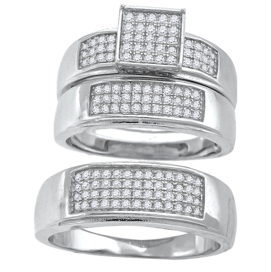 Sterling Silver Cubic-Zirconia Square Head Trio Bridal Anniversary Wedding Engagement Band Ring Set