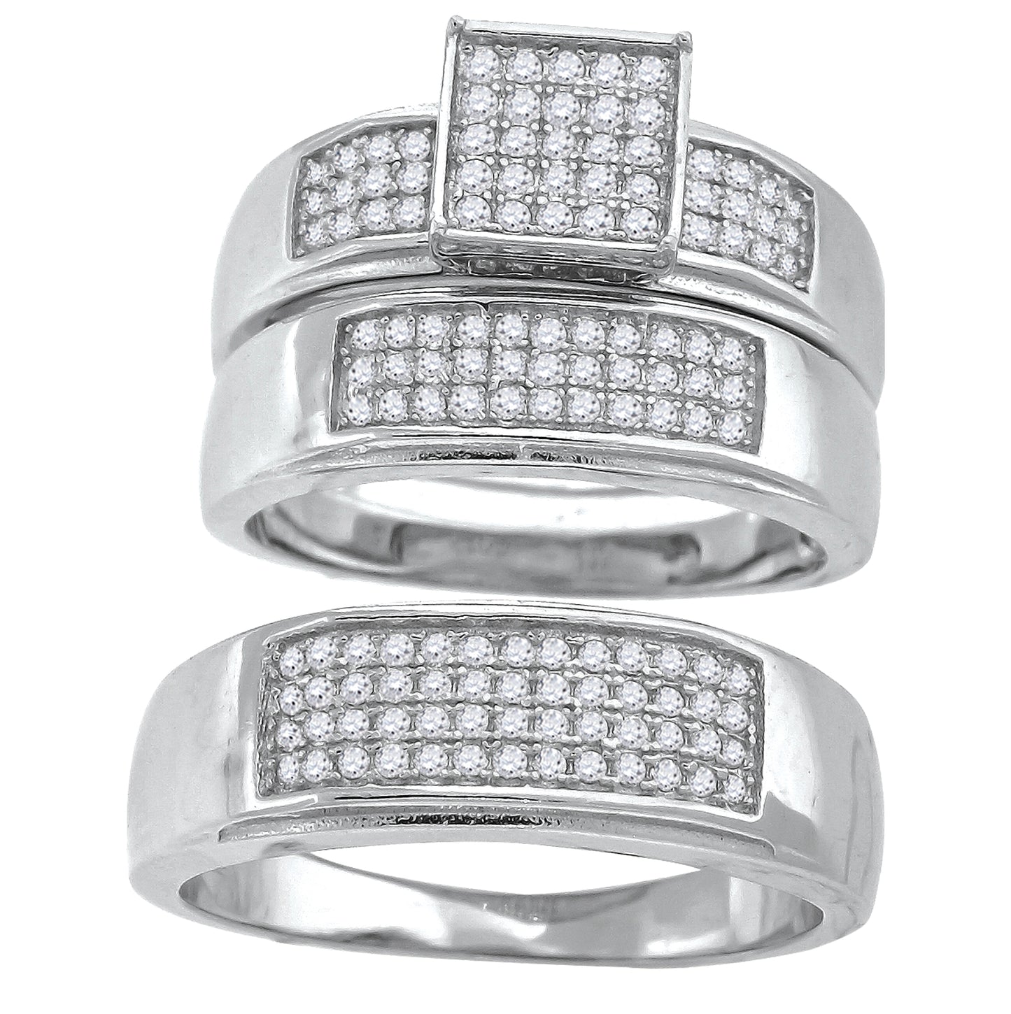 Sterling Silver Cubic-Zirconia Square Head Trio Bridal Anniversary Wedding Engagement Band Ring Set
