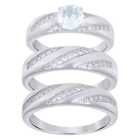 Sterling Silver Cubic Zirconia Trio Bridal Anniversary Wedding Engagement Band Ring Set