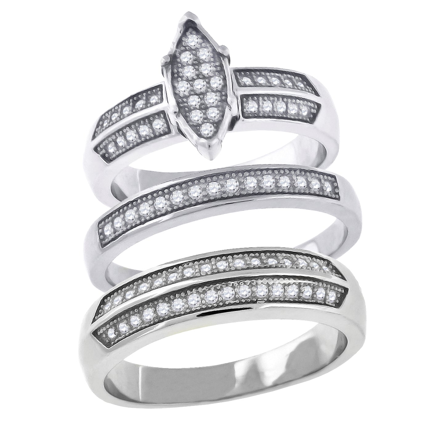 Sterling Silver Cubic-Zirconia Marquise Head Trio Bridal Anniversary Wedding Engagement Band Ring Set