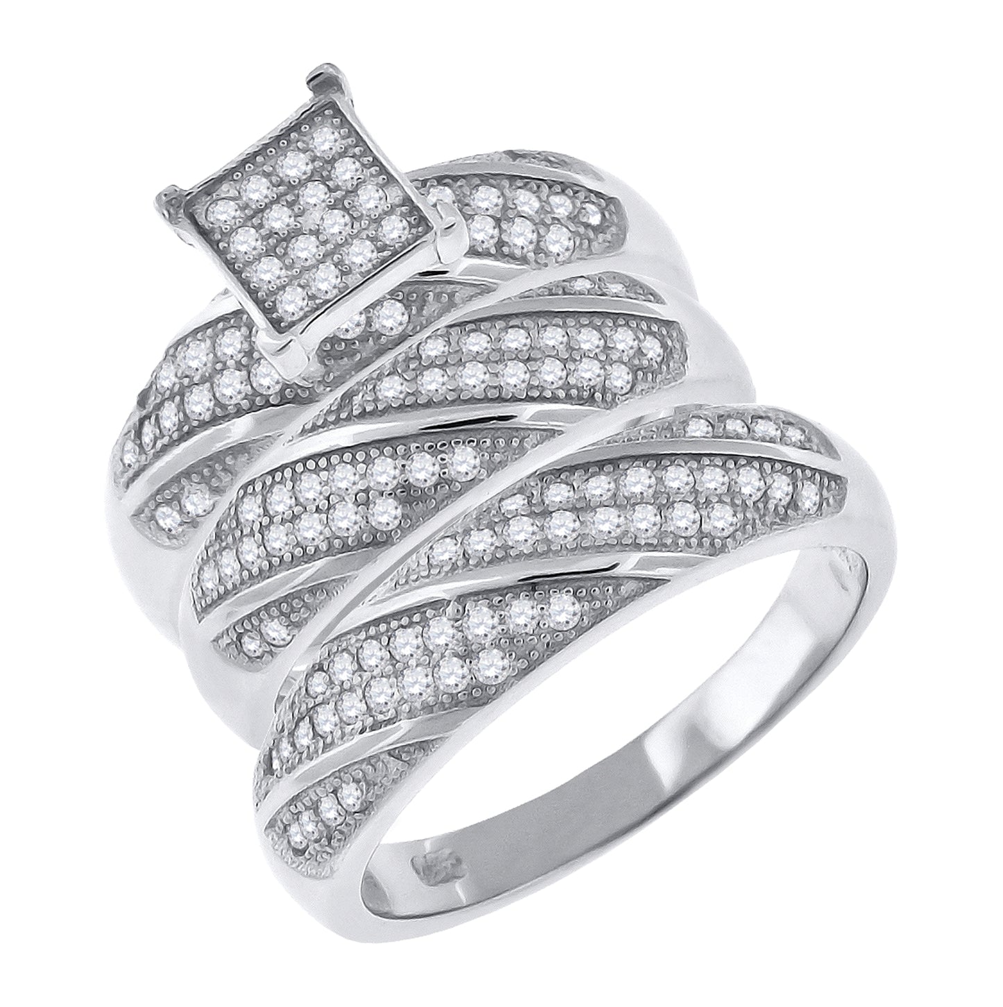 Sterling Silver Cubic-Zirconia Square Head Trio Bridal Anniversary Wedding Engagement Band Ring Set