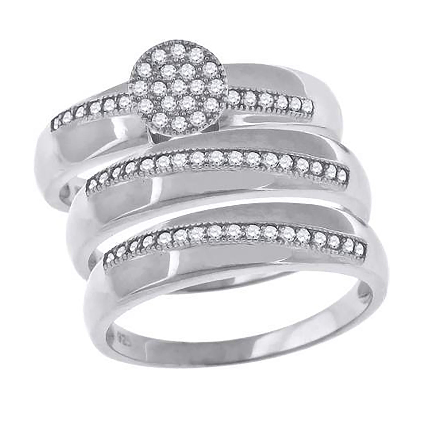 Sterling Silver Cubic-Zirconia Round Head Trio Bridal Anniversary Wedding Engagement Band Ring Set