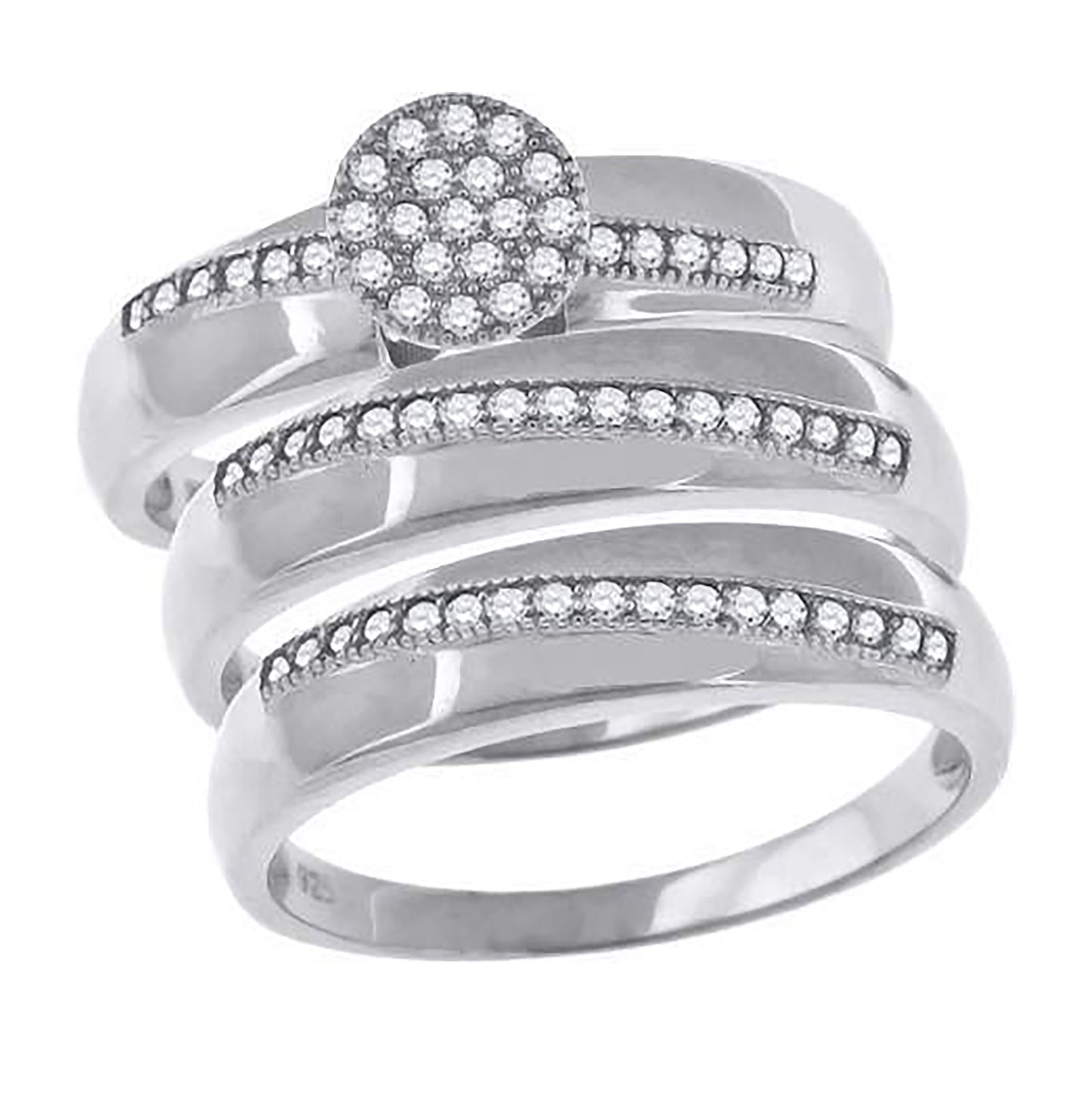 Sterling Silver Cubic-Zirconia Round Head Trio Bridal Anniversary Wedding Engagement Band Ring Set