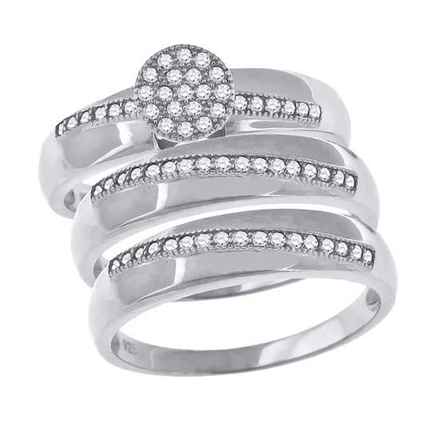 Sterling Silver Cubic-Zirconia Round Head Trio Bridal Anniversary Wedding Engagement Band Ring Set