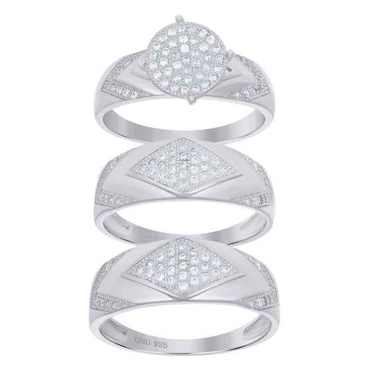 Sterling Silver Cubic Zirconia Trio Sizes 6 To 11 Cluster Matching Bridal Anniversary Engagement Wedding Ring Band