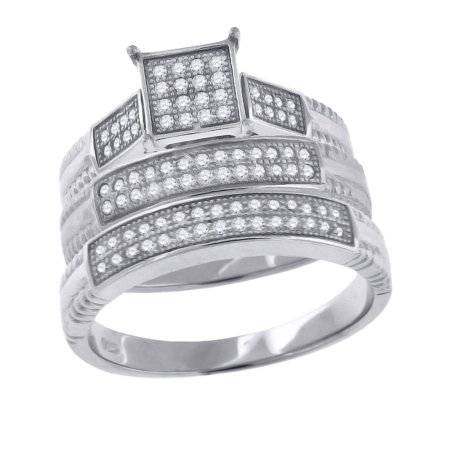 Sterling Silver Cubic-Zirconia Square Head Trio Bridal Anniversary Wedding Engagement Band Ring Set