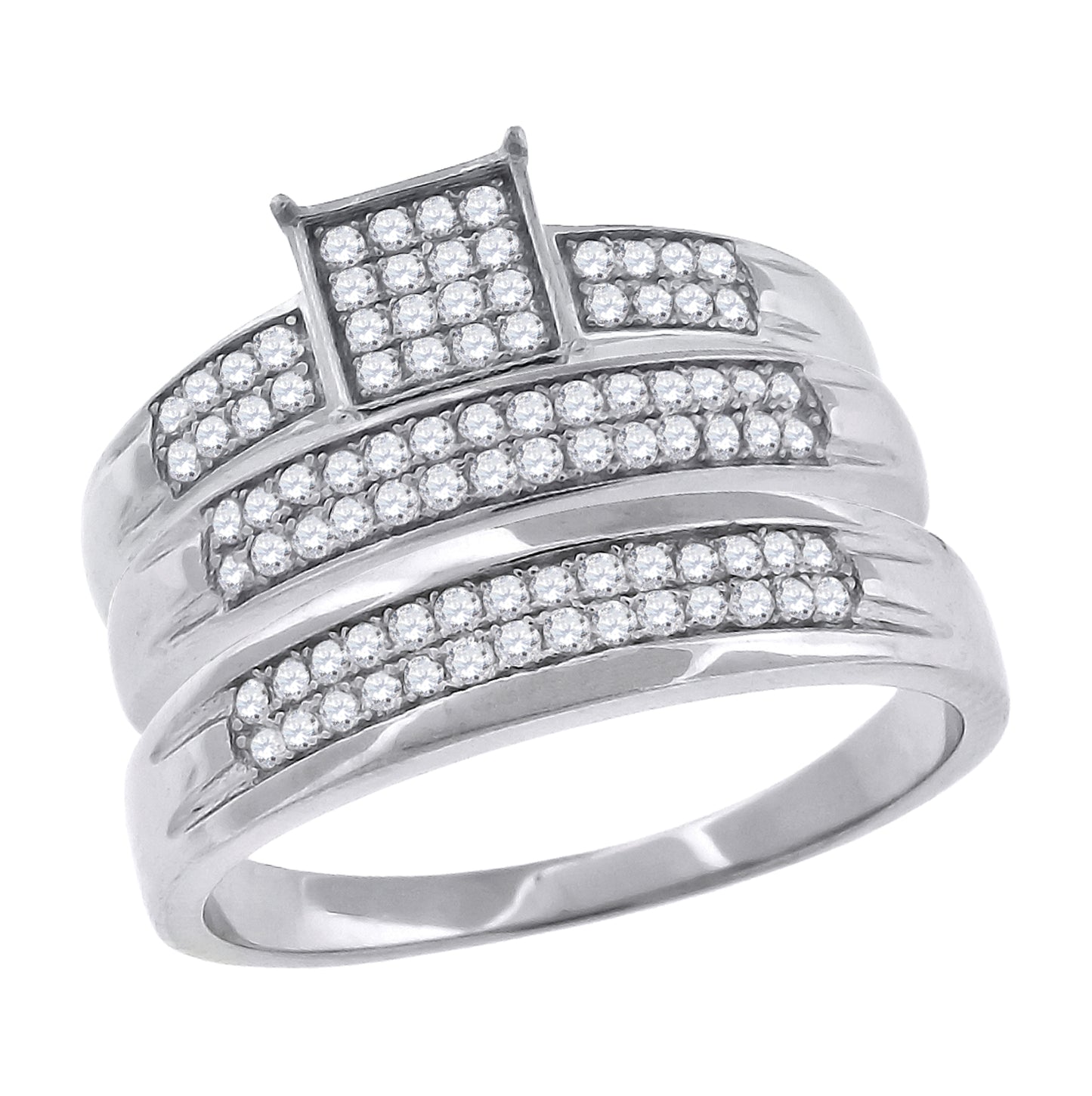 Sterling Silver Cubic-Zirconia Square Head Trio Bridal Anniversary Wedding Engagement Band Ring Set