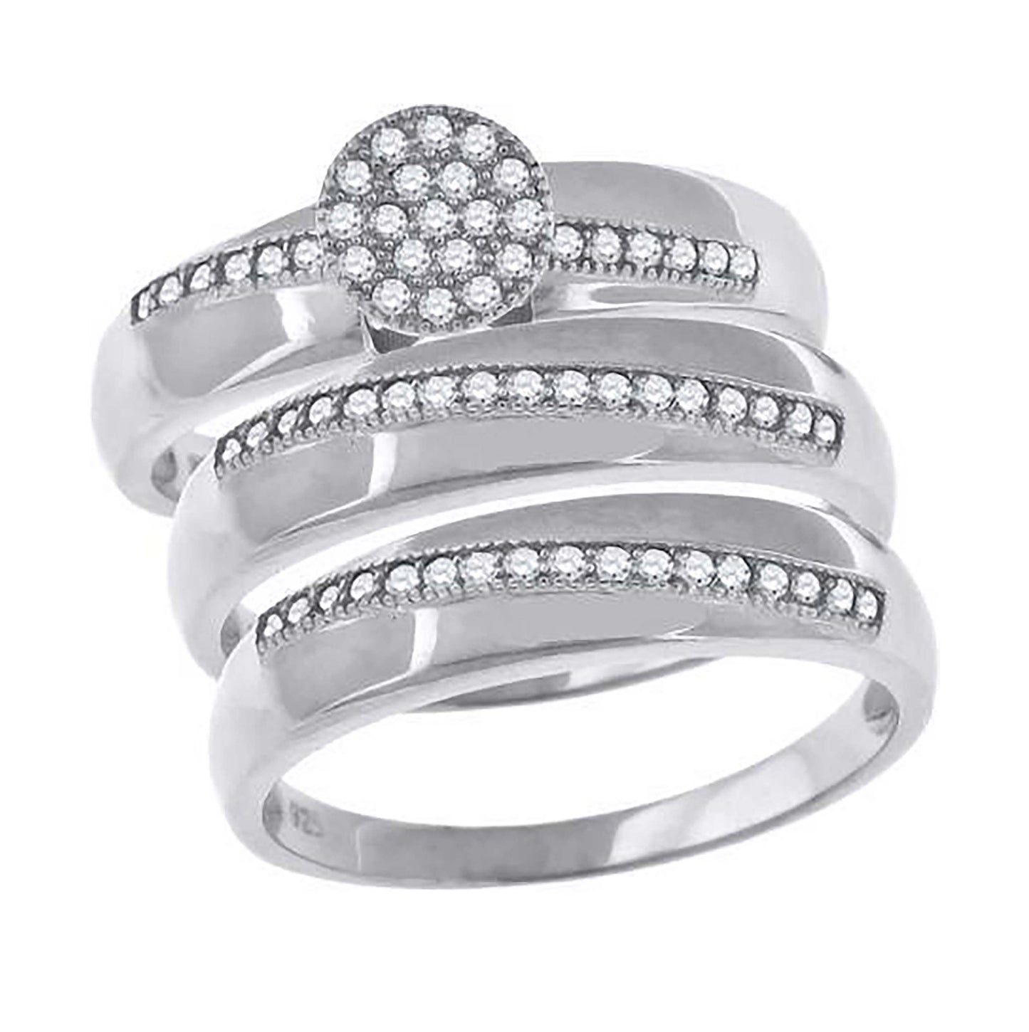 Sterling Silver Cubic-Zirconia Round Head Trio Bridal Anniversary Wedding Engagement Band Ring Set