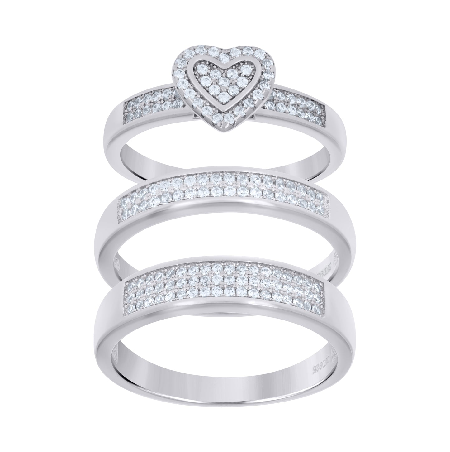 Sterling Silver White Cubic-Zirconia Heart Trio Bridal Anniversary Wedding Engagement Band Ring