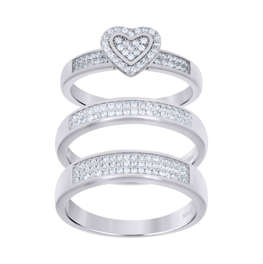 Sterling Silver White Cubic-Zirconia Heart Trio Bridal Anniversary Wedding Engagement Band Ring