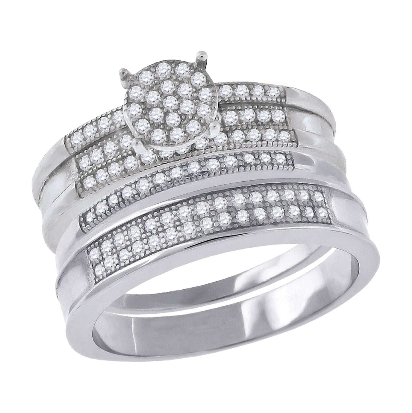 Sterling Silver Cubic-Zirconia Trio Bridal Anniversary Wedding Engagement Band Ring Set