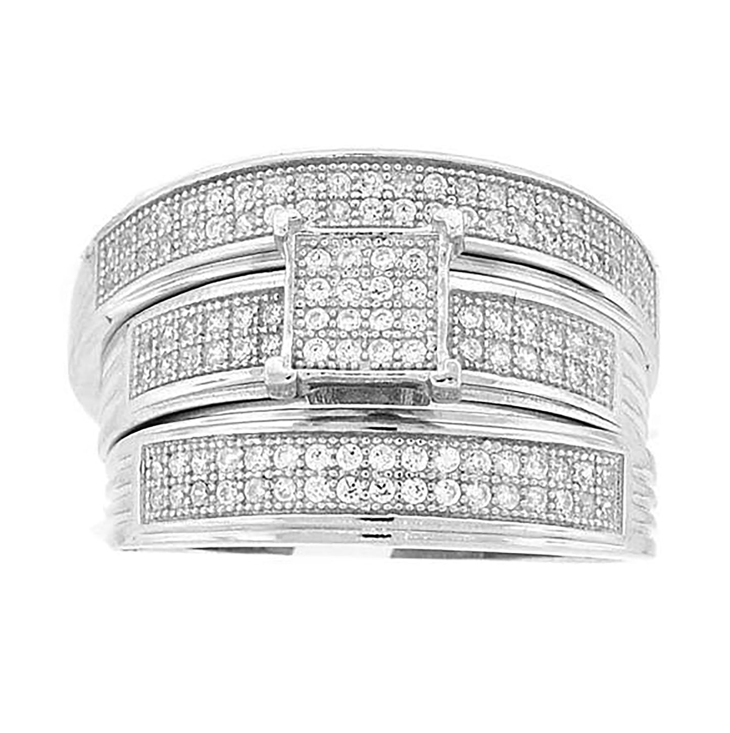 Sterling Silver Cubic-Zirconia Square Head Trio Bridal Anniversary Wedding Engagement Band Ring Set