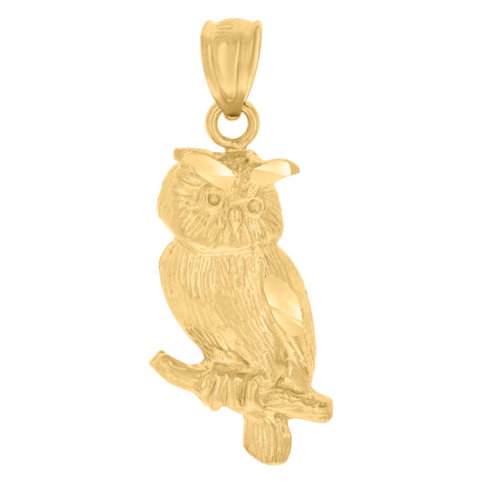 10K Yellow Gold Diamond-Cut Womens Owl Animal Charm Pendant