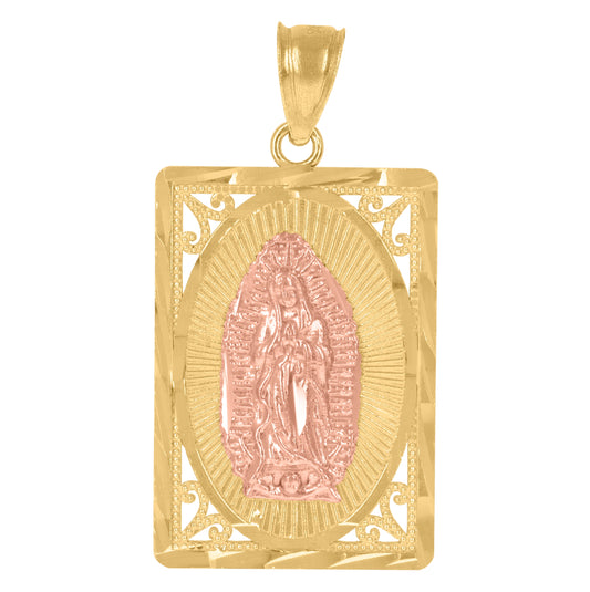 10K Gold Two-Tone Diamond-Cut Unisex Guadalupe Mary Rectangular Religious Charm Pendant