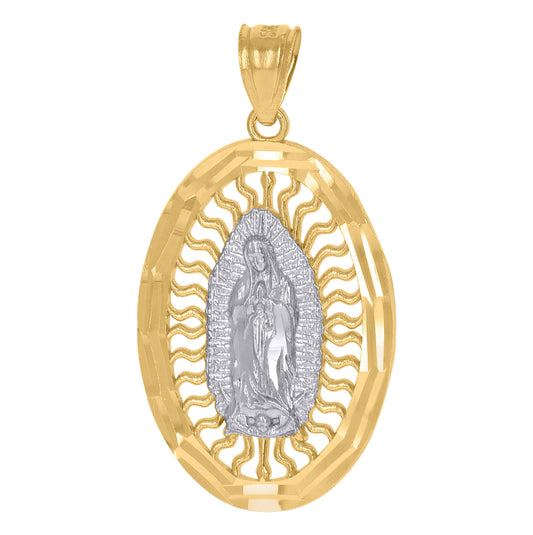 10K Gold Two-Tone Diamond-Cut Unisex Guadalupe Mary Oval Religious Charm Pendant