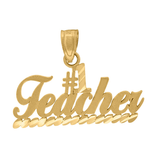10K Yellow Gold Unisex No.1 Teacher Letters & Words Charm Pendant