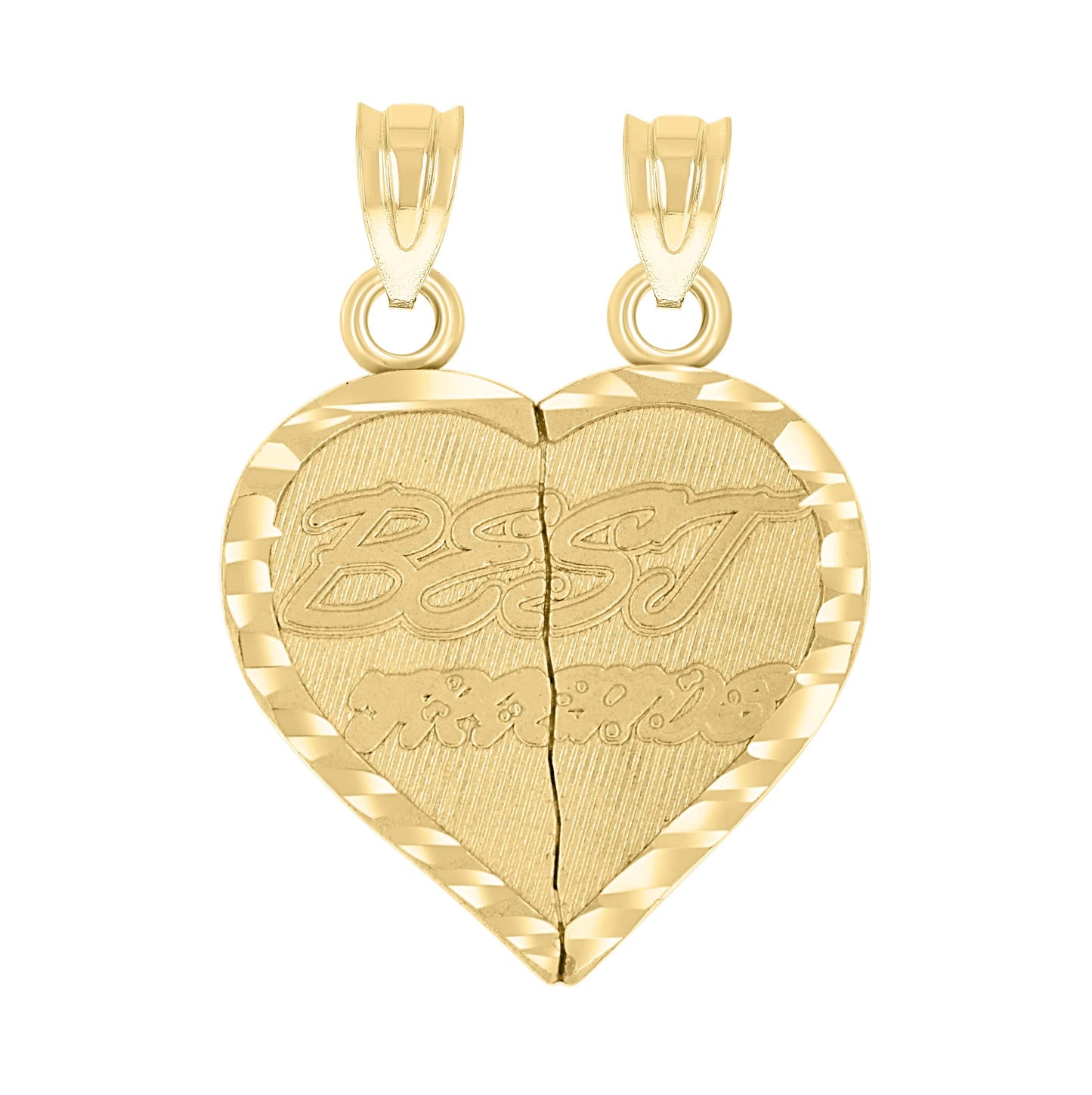 10K Yellow Gold Unisex Diamond-Cut Textured Broken Heart Best Friends Charm Pendant