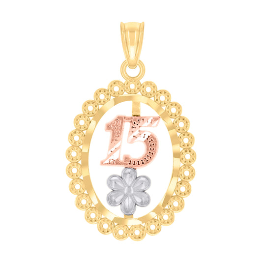 10K Gold Tri-Color Womens 15 Anos Quinceanera Charm Pendant