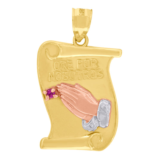 10K Gold Two-Tone Unisex Pray For Us Ore Por Nosotros Praying Hands Pendant