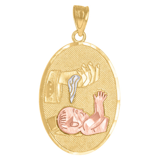 10K Tri-Color Gold Textured Unisex Baptism Bautizo Religious Charm Pendant