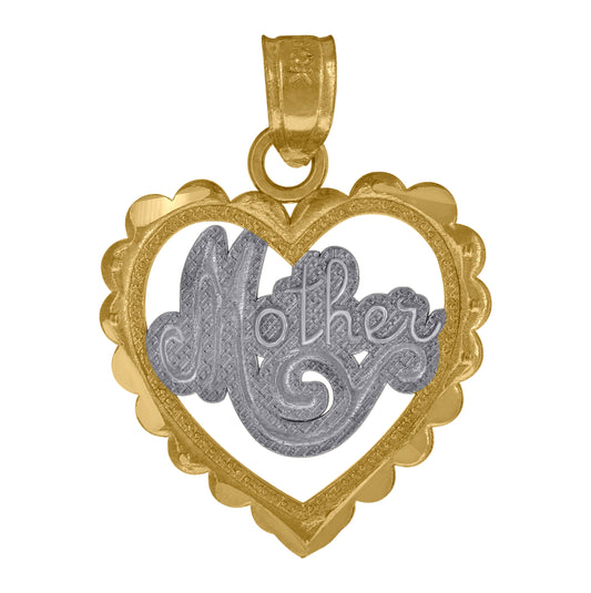 10K Gold Two-Tone Diamond-Cut Womens Mother Heart Charm Pendant